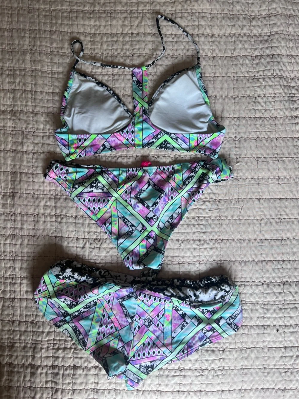 Victoria's Secret Multicolor Geometric Print Bikini Set - Pink, Mint, Purple - Picture 2 of 2